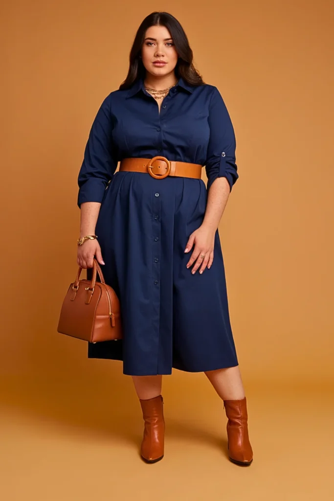 Plus Size Autumn Navy Shirtdress Professional Work Outfit