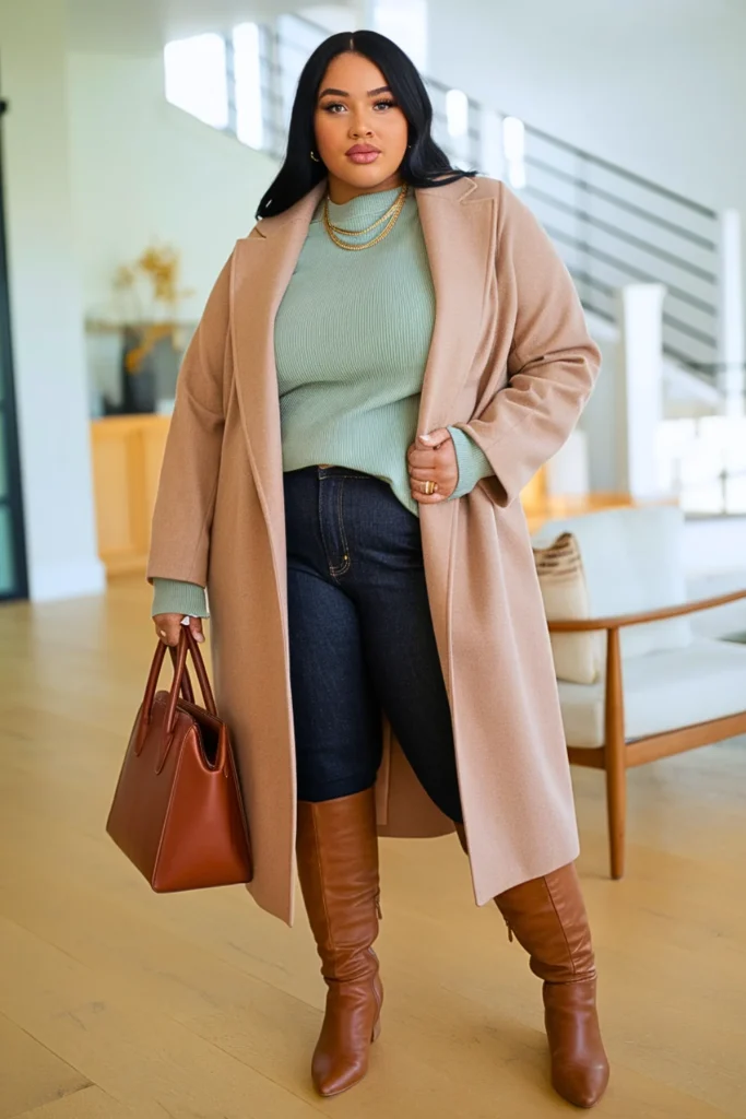 Plus Size Soft Camel Coat Autumn Outfit