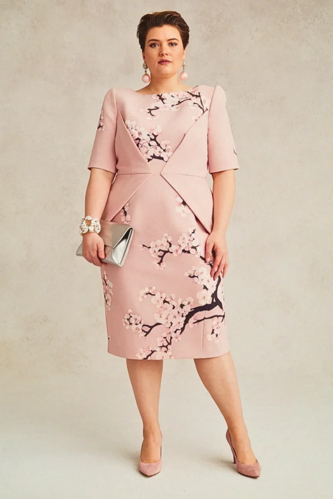 Japanese Cherry Blossom Structured Plus Size Floral Wedding Guest Dress