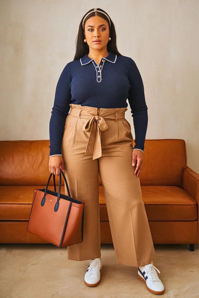 Plus Size Knit Polo and Paper Bag Pants Fall Outfit