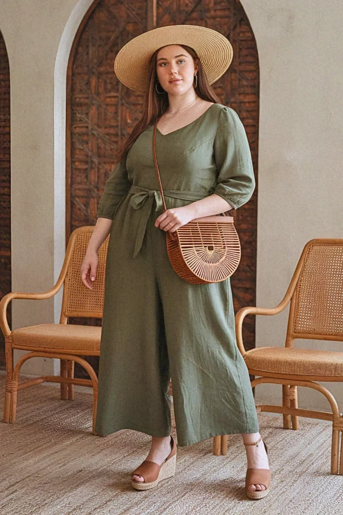 Plus Size Modest Linen Palazzo Jumpsuit Summer Outfit