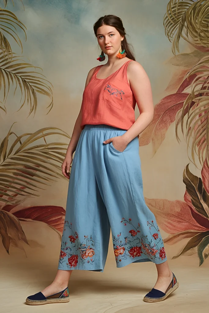 Plus Size Embroidered Denim Culotte Summer Outfit