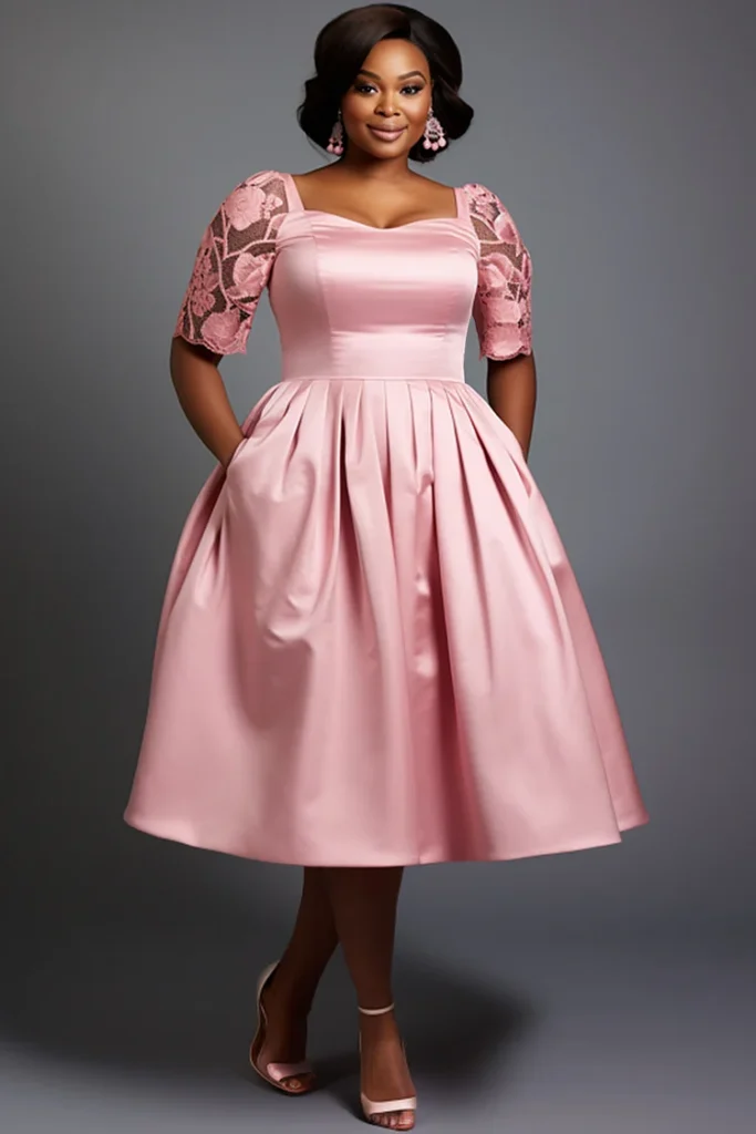 Plus Size Wedding Guest Pink Elegant Square Neck Half Sleeve Pocket See Through Lace Satin Midi Dress