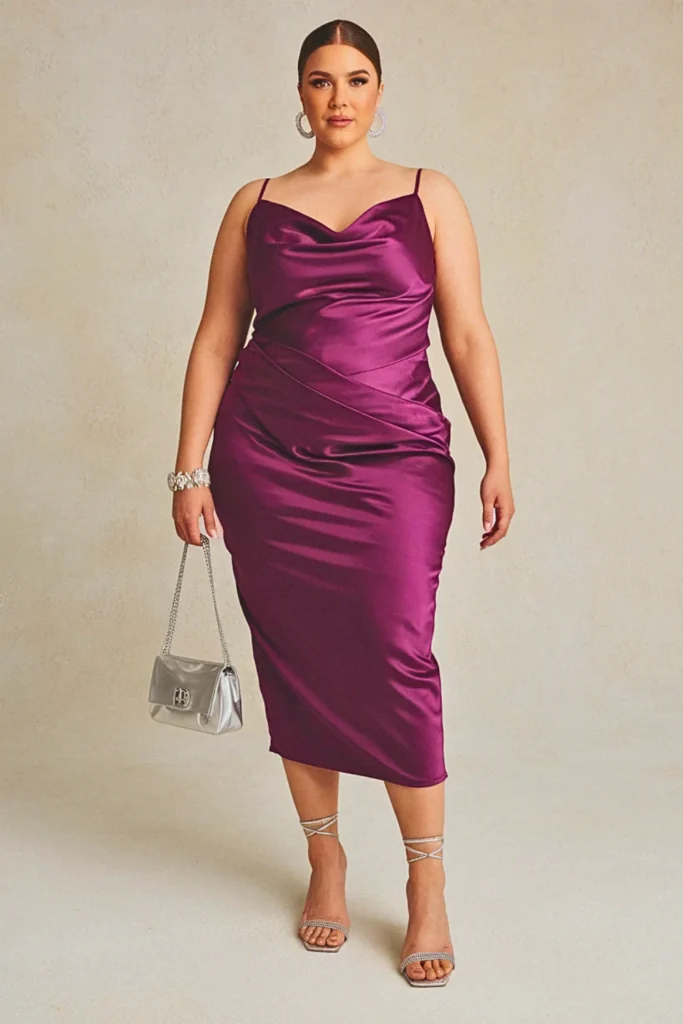 Plus Size Magenta Satin Cowl Neck Wedding Guest Dress
