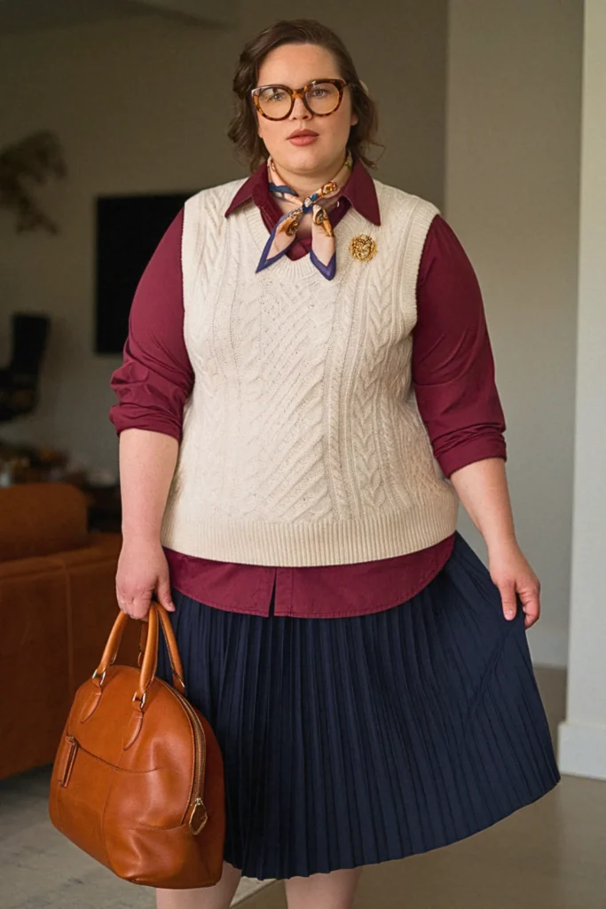 Plus Size Cream Sweater Vest Preppy Scholar Fall Outfit