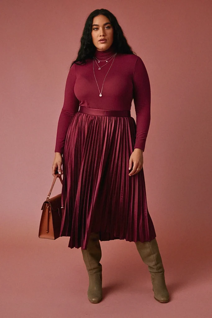 Plus Size Turtleneck and Pleated Midi Skirt Fall Outfit