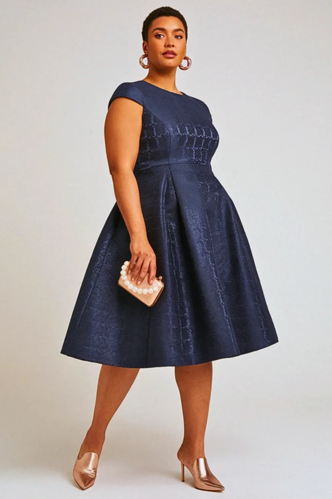 Plus Size Navy Blue Jacquard Fit-and-Flare Wedding Guest Dress