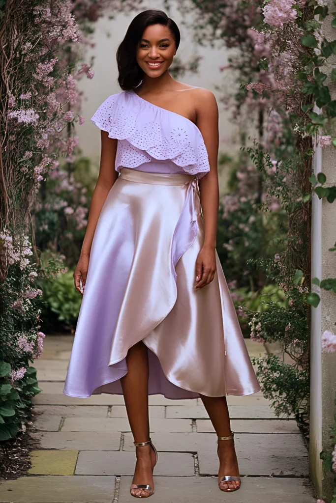 One-Shoulder Eyelet Top and Silk Skirt