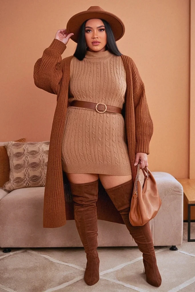 Plus Size Sweater Dress and Thigh-High Boots Fall Outfit