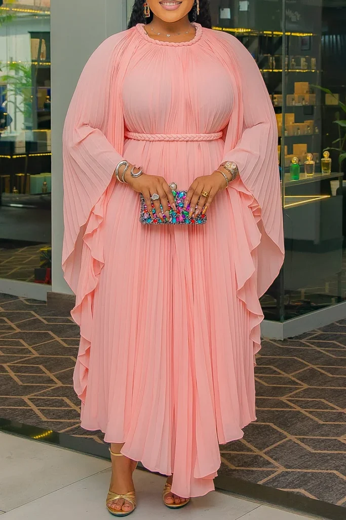 Plus Size Wedding Guest Pink Round Neck Batwing Sleeve Long Sleeve Pleated Irregular Hem Chiffon Maxi Dress