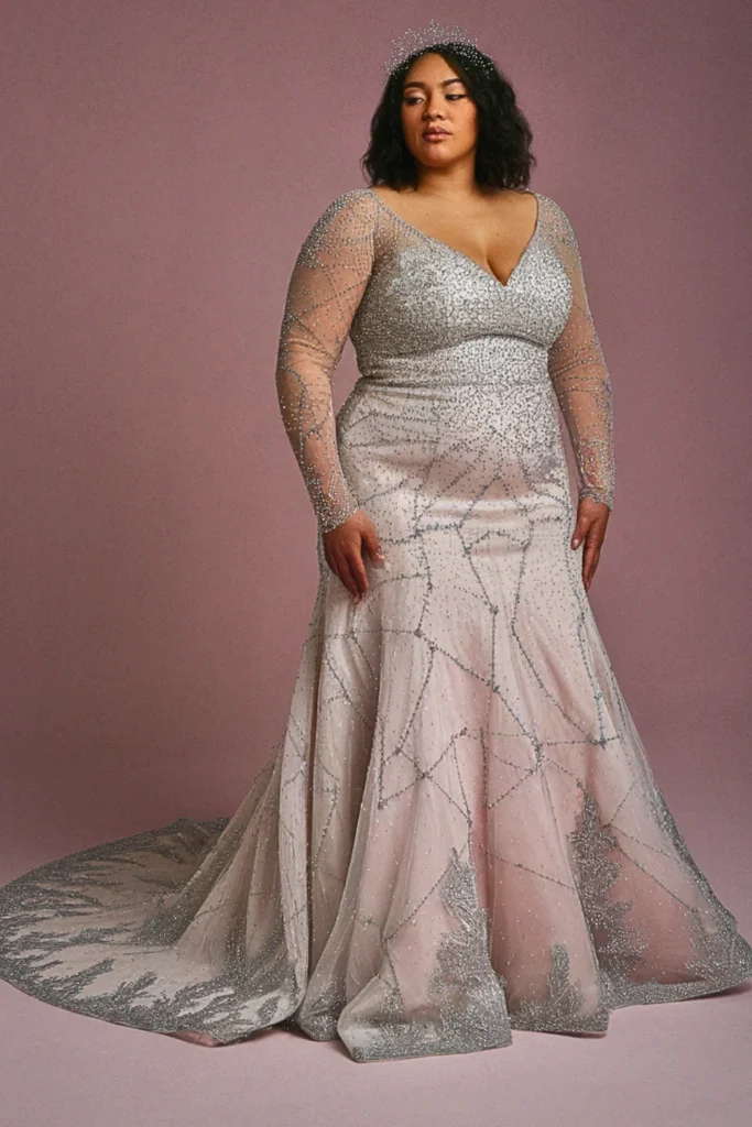 Celestial-Inspired Silver Beaded Wedding Dress with Sleeves