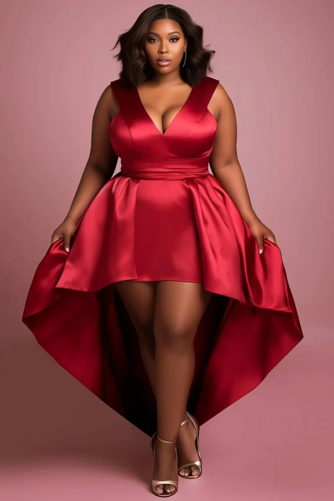 Plus Size Valentines Red V Neck High Low Hem Satin Mini Dress
