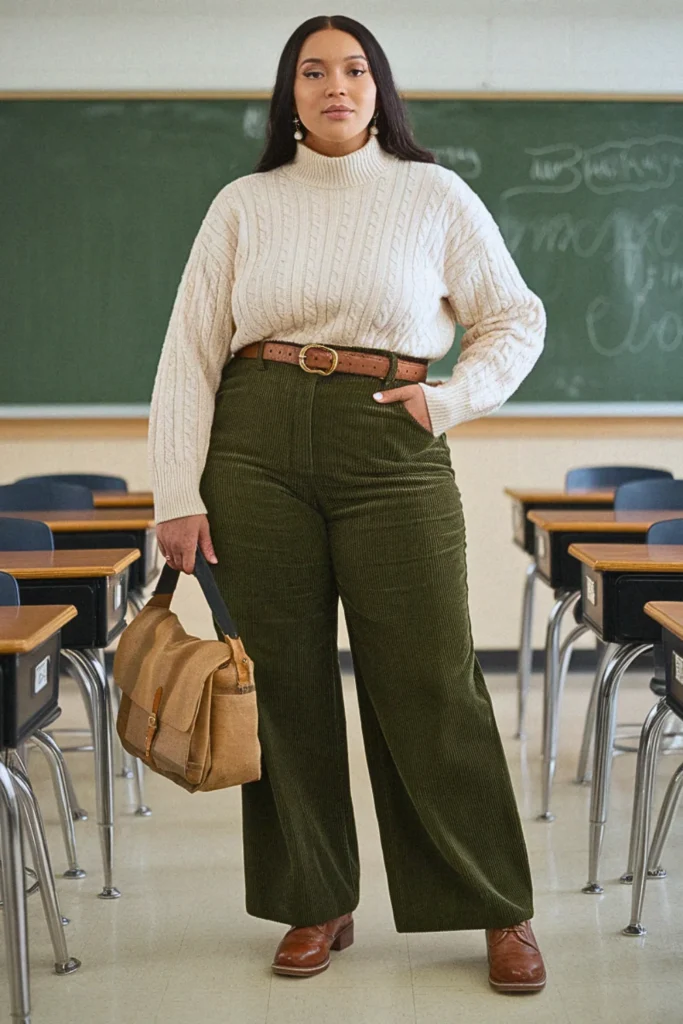 Plus Size Fall Corduroy Wide-Leg Pants Teacher Outfit