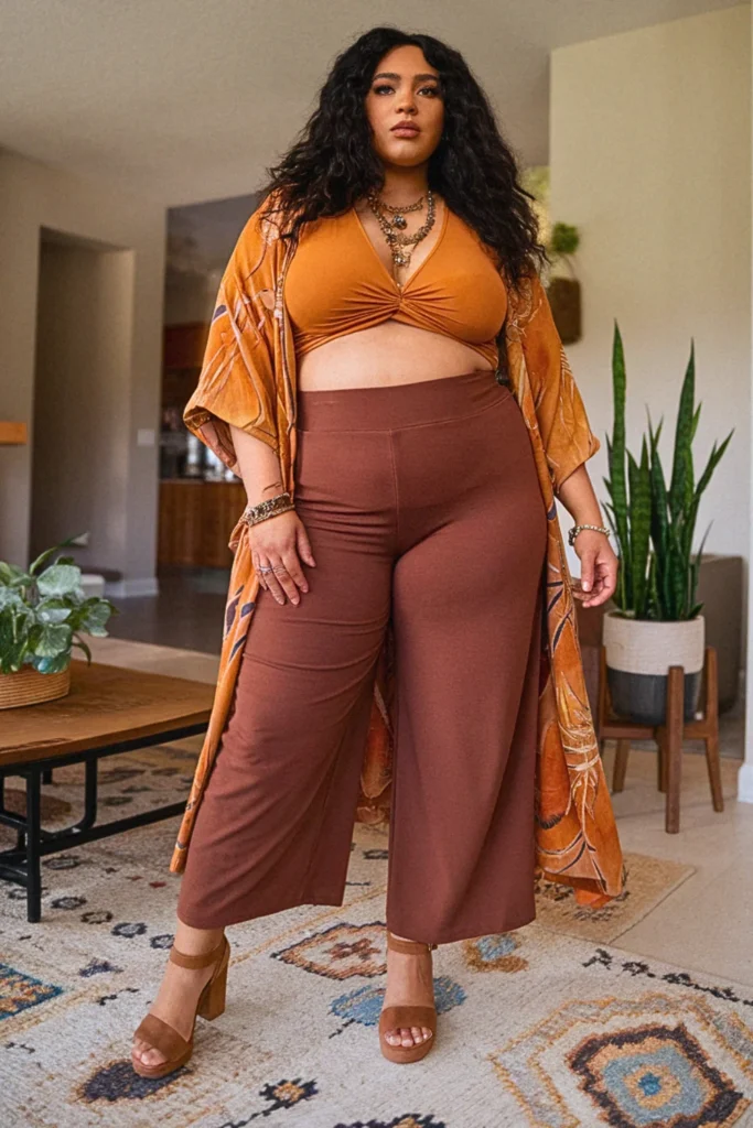 Plus Size Kimono Sleeve Top and Culottes Fall Outfit
