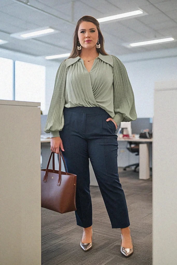 Plus Size Summer Pleated Shoulder Blouson Top & Trousers Office Outfit