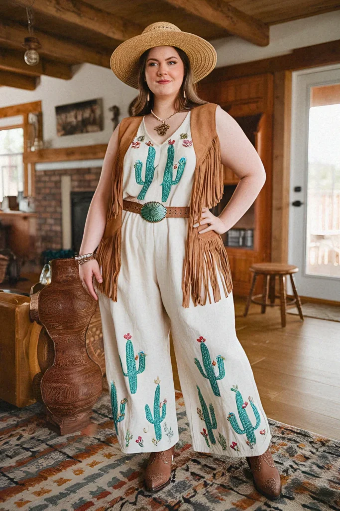 Plus Size Cactus Embroidered Jumpsuit with Fringe Vest Cowgirl Outfit