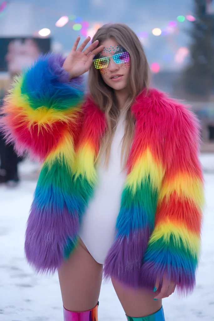 Winter Rainbow Fur Coat Outfit For Rave Festivals