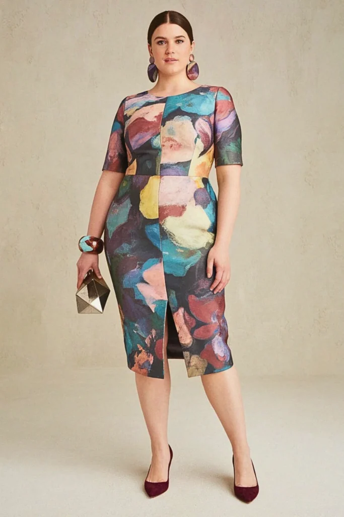 Abstract Impressionist Floral Print Plus Size Wedding Guest Dress