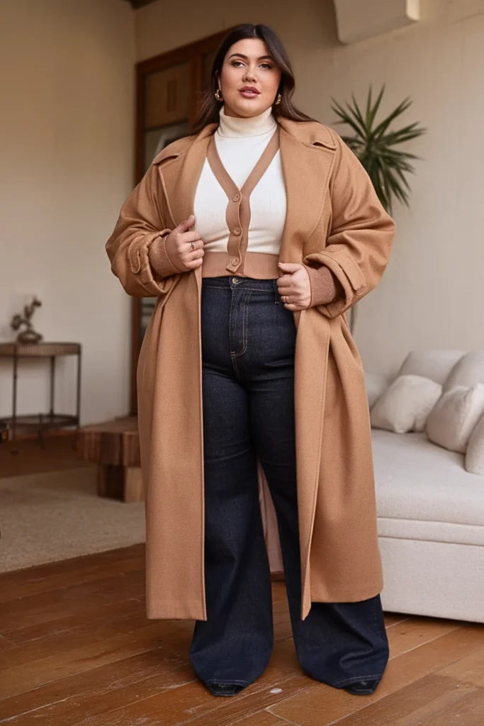 Plus Size Trench Style Wool Coat With Layered Knits Winter Outfit