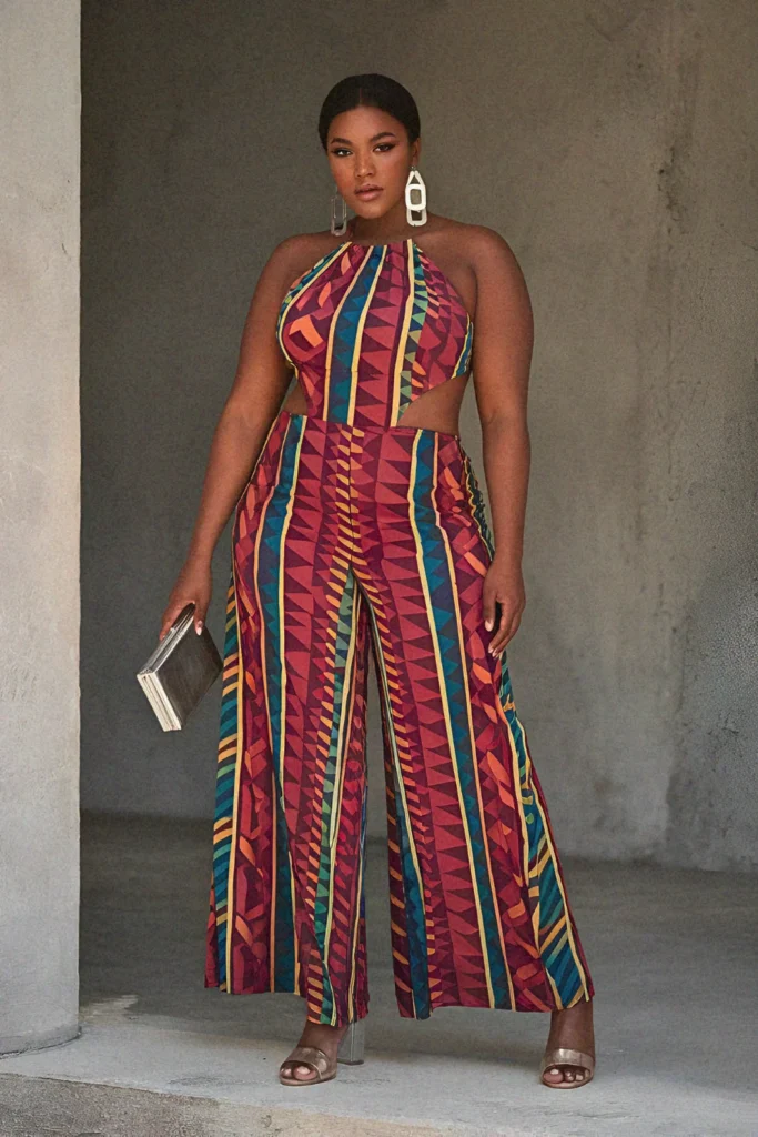 Plus Size Aesthetic Printed Palazzo Jumpsuit with Cutouts Summer Outfit
