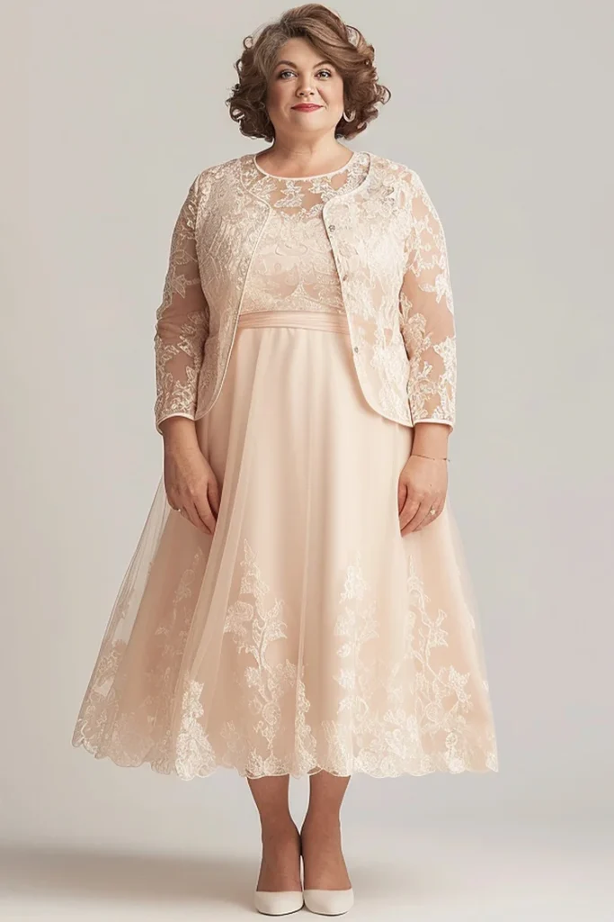 Plus Size Mother Of The Bride Champagne Lace Tunic Two Pieces Midi Dress With Jacket