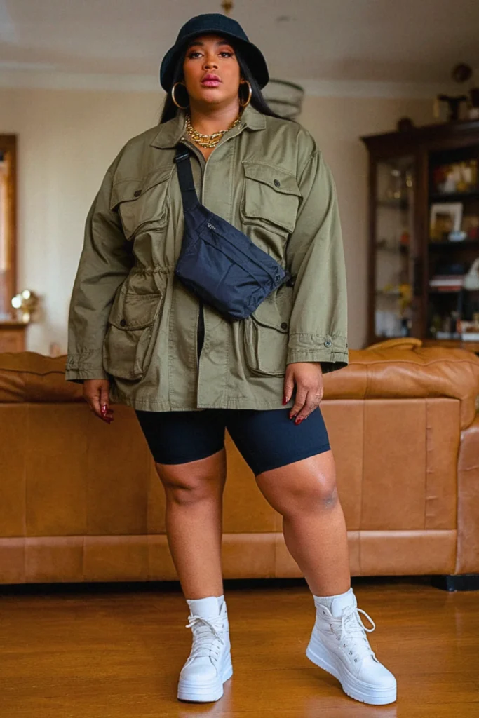 Plus Size Utility Jacket and Bike Shorts Fall Outfit
