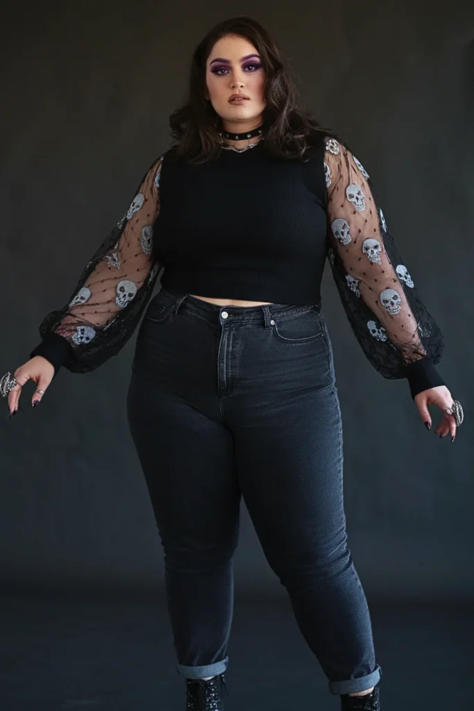 Plus Size Goth Mesh Sleeve Dark Fall Outfit