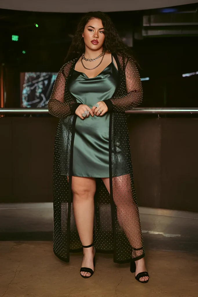 Plus Size Sheer Embellished Cardigan and Satin Slip Dress Summer Club Outfit