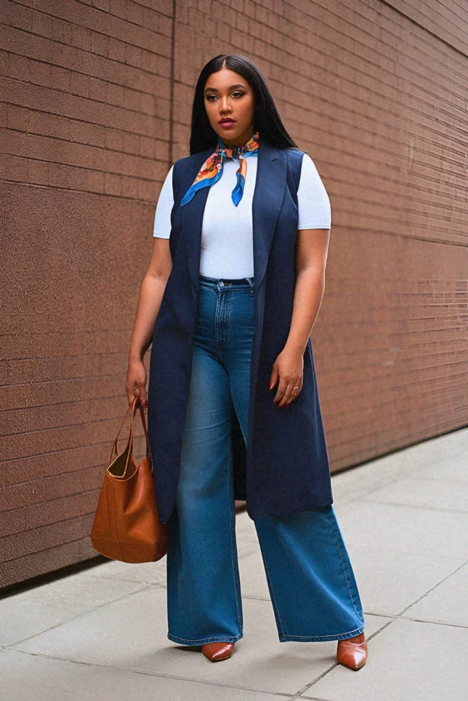 Plus Size Modest Sleeveless Vest and Wide-Leg Jeans Summer Outfit