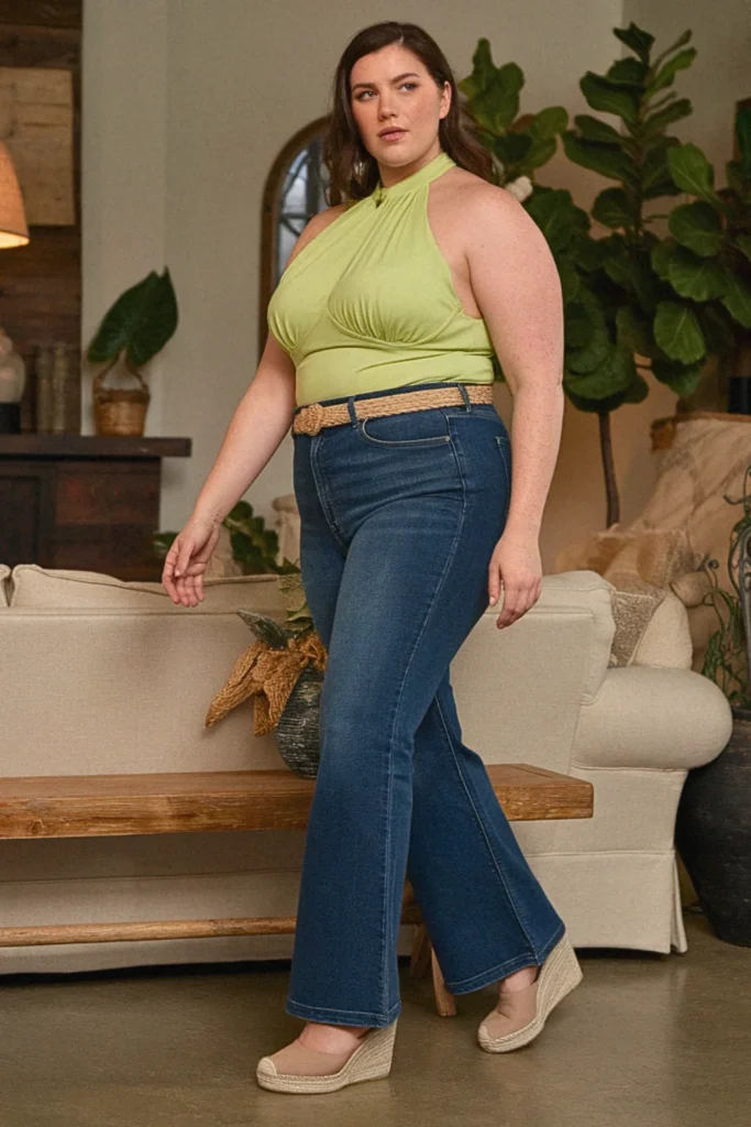Plus Size Summer Color-Pop Halter with Bootcut Jeans Outfit