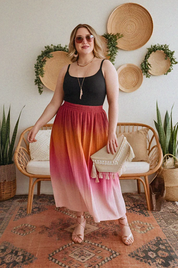 Plus Size Summer Sunset OmbreÌ Long Skirt Outfit