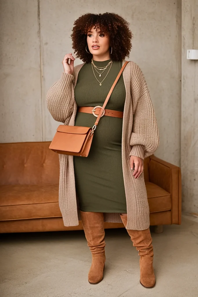 Plus Size Chunky Knit Cardigan With Midi Dress Winter Outfit