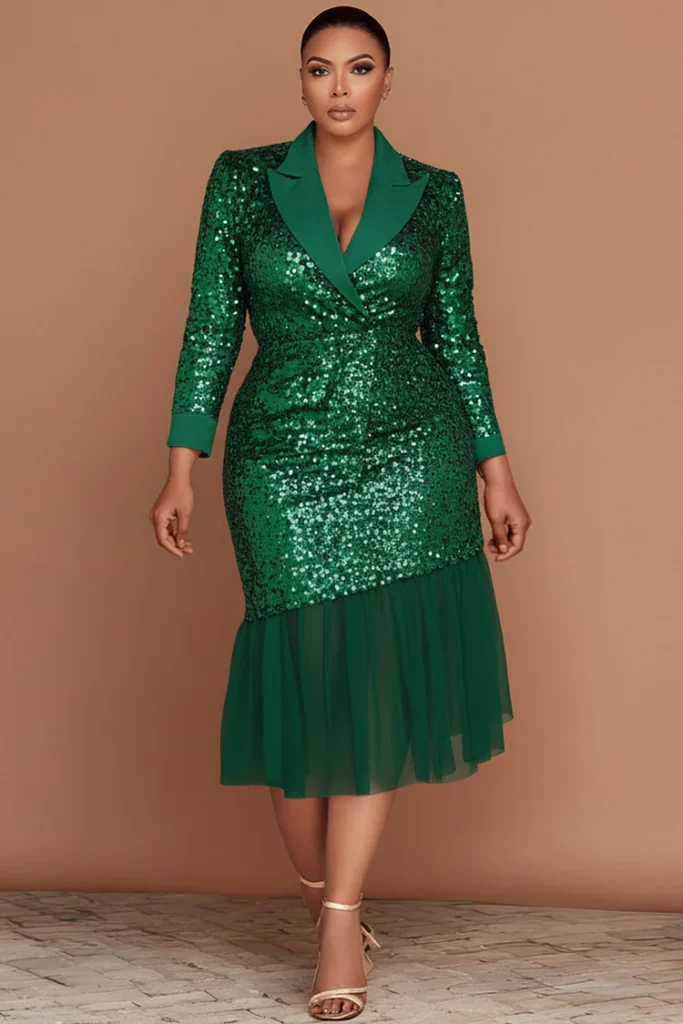 Plus Size Christmas Green Turndown Collar Long Sleeve Ruffle Elegant Contrast Sequin Midi Dress
