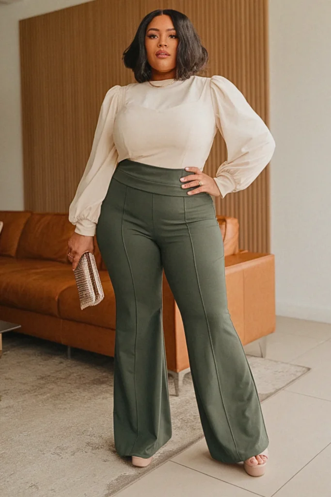 Plus Size Flare Pants and Fitted Blouse Dressy Fall Outfit