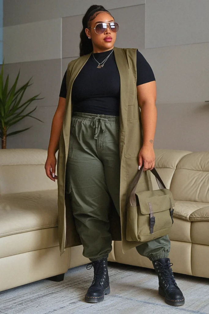 Plus Size Olive Longline Vest Military Inspired Fall Outfit