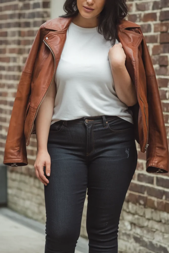 Winter Curvy Mom Leather Jacket and Jeans Outfit