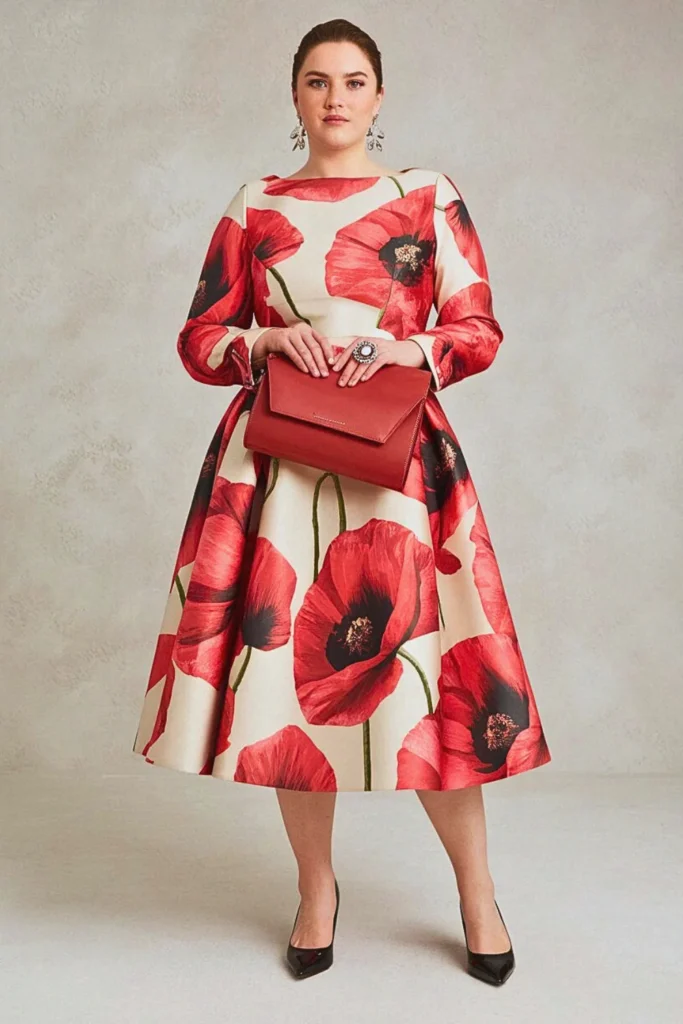 Photorealistic Poppy Print Plus Size Wedding Guest Dress