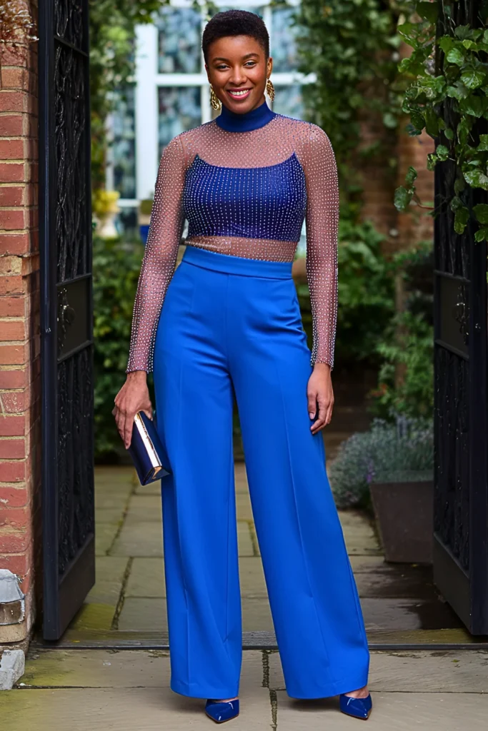 Embellished Mesh Top and Wide-Leg Trousers