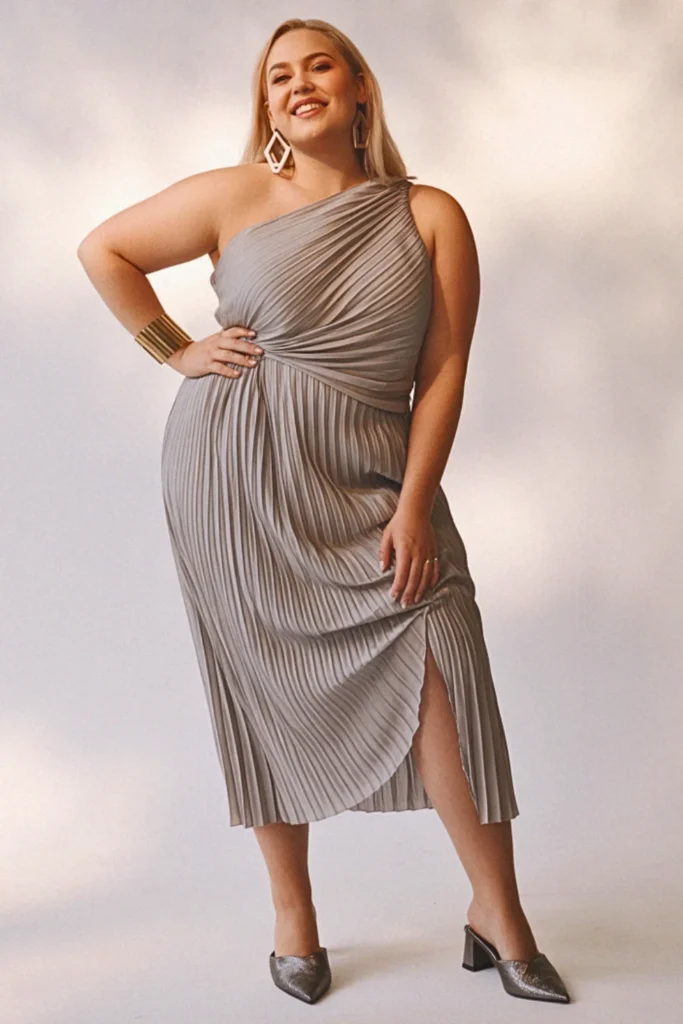 Plus Size Pleated One-Shoulder Grecian Wedding Guest Dress