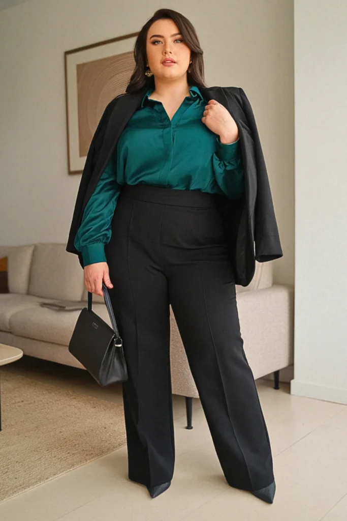 Plus Size Blouse with High-Waisted Trousers Fall Outfit