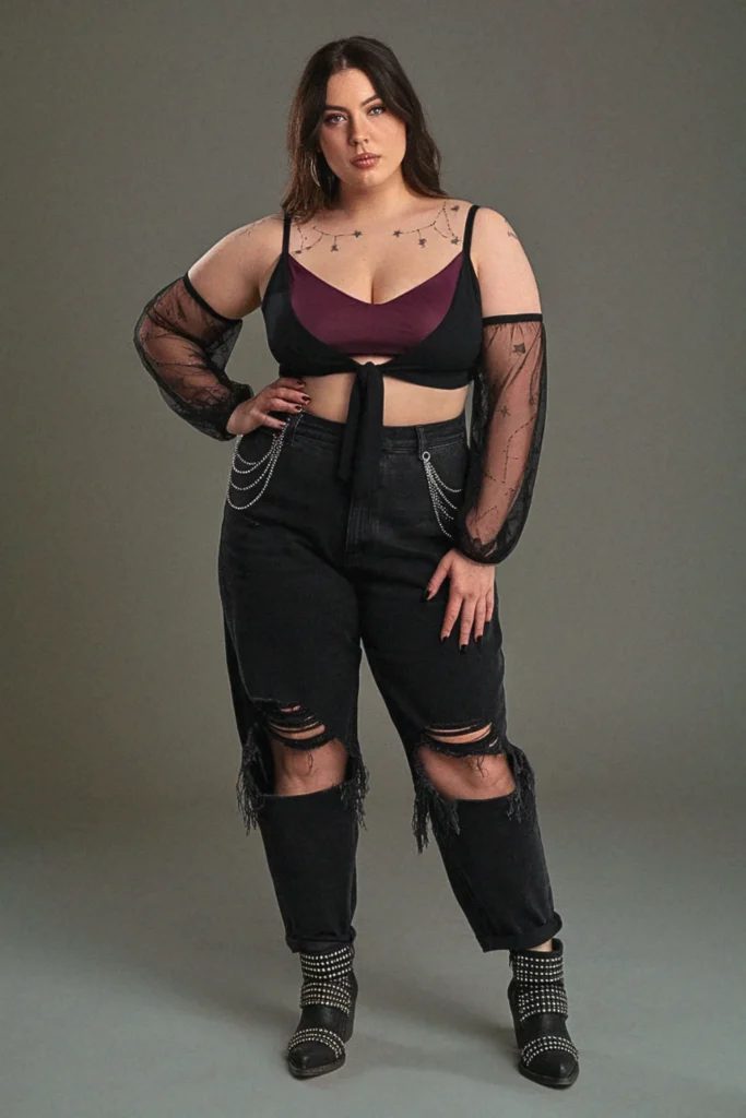 Plus Size Edgy Tie-Front Mesh Summer Outfit