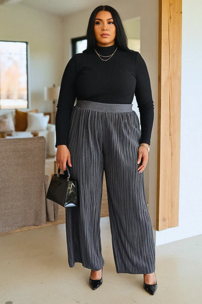 Plus Size Fall Mock Neck Top With Pleated Pants Comfy Outfit