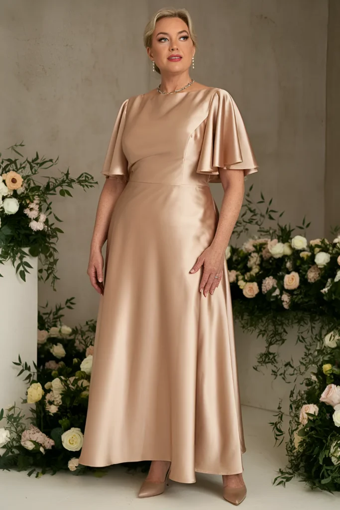 Plus Size Mother of the Groom Champagne Satin Gown with Flutter Sleeves Dress