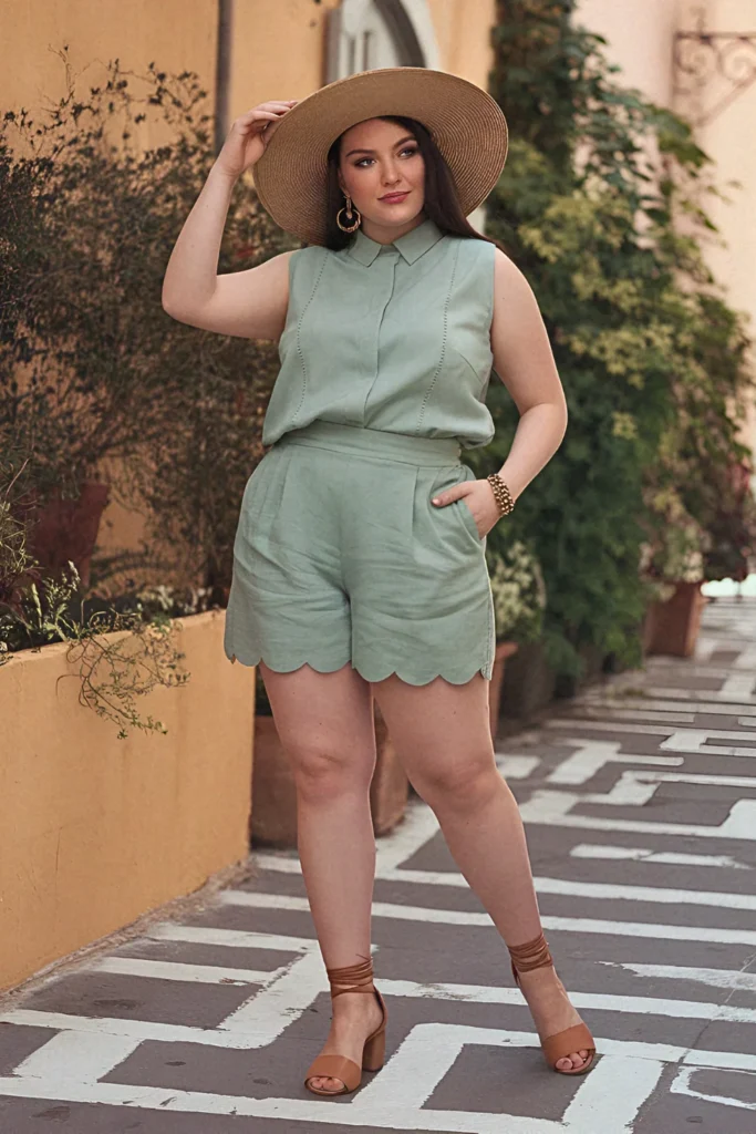 Plus Size Summer Scalloped-Edge Shorts and Sleeveless Blouse European Outfit