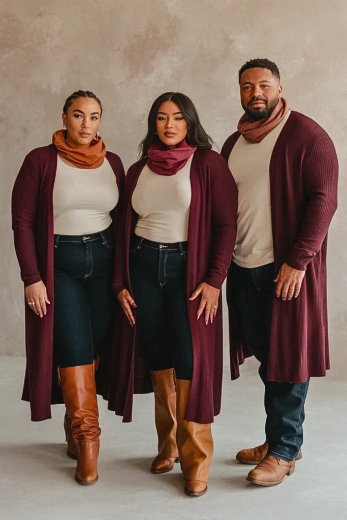 Plus Size Fall Burgundy Cardigan Ensemble Family Outfit