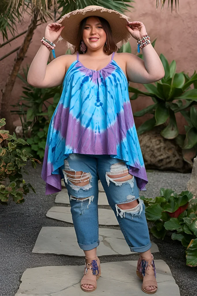 Plus Size Tie-Dye Tunic Top and Distressed Boyfriend Jeans Hippie Spring Outfit