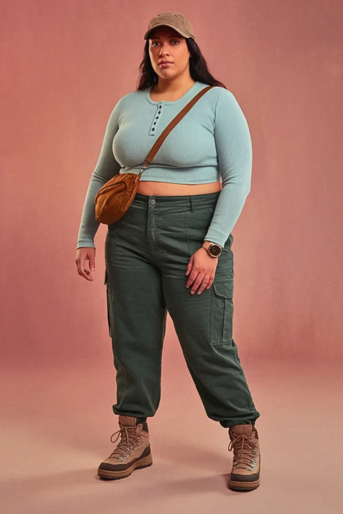 Plus Size Henley Top and Cargo Pants Fall Outfit