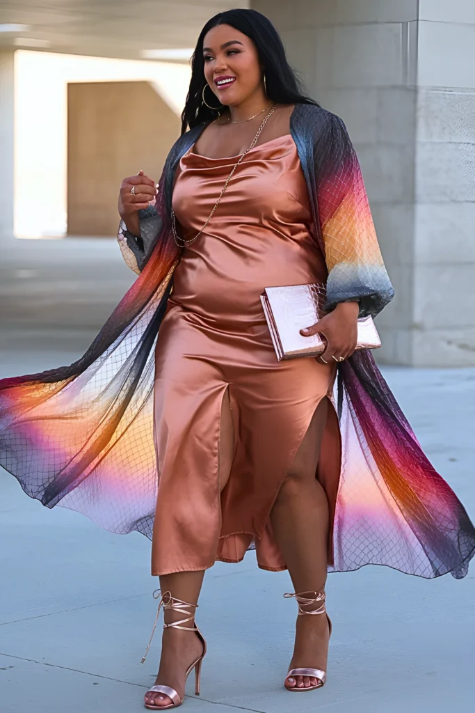 Plus Size Copper Satin Bias-cut Dress With A Sheer Duster In OmbreÌ Sunset Colors Spring Outfit for Black Women
