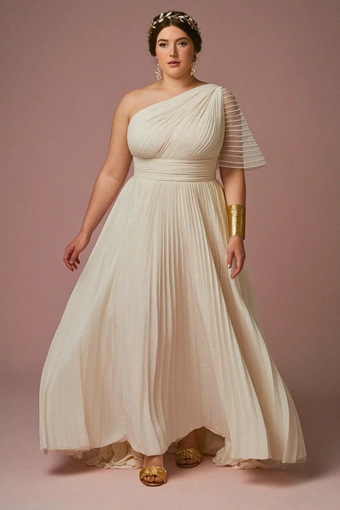 Grecian-Inspired One-Shoulder Pleated Wedding Dress