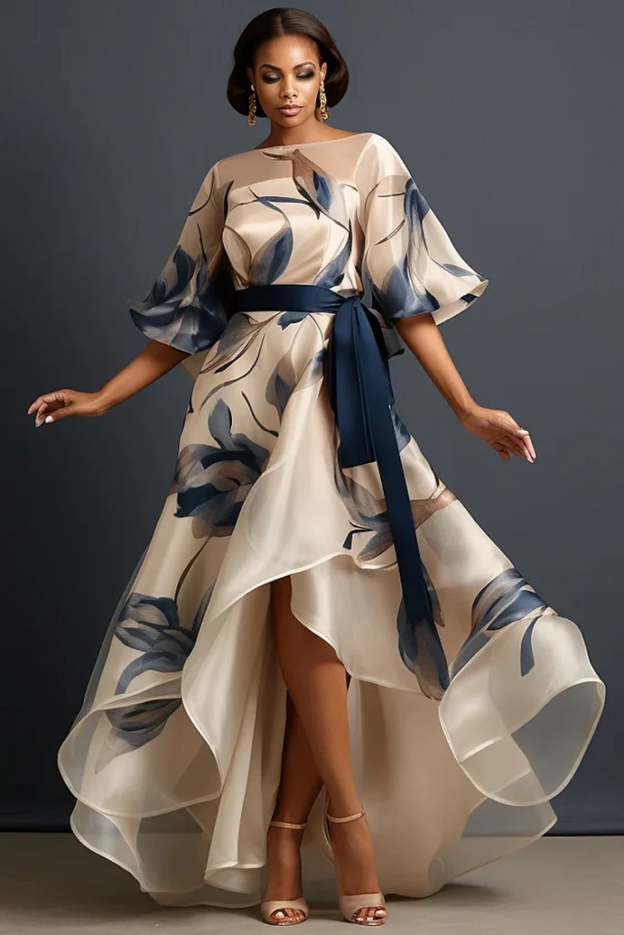 Plus Size Formal Beige Floral Round Neck Half Sleeve See Through Organza Maxi Dress